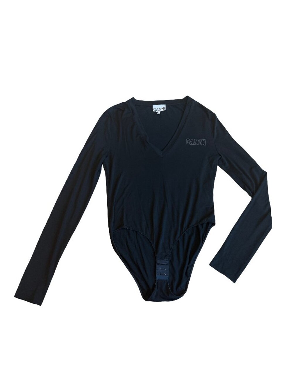Ganni Software Black Deep V Neck Long Sleeve Fitted Bodysuit Scoop Large Women's